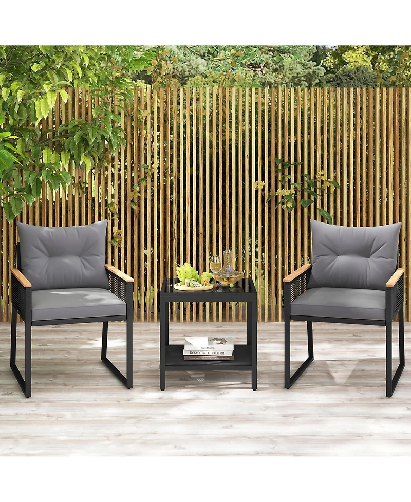 Gymax 3 Pcs Patio Furniture Set Pe Rattan Wicker Chairs w/ 2 Tier Coffee Table Soft Back