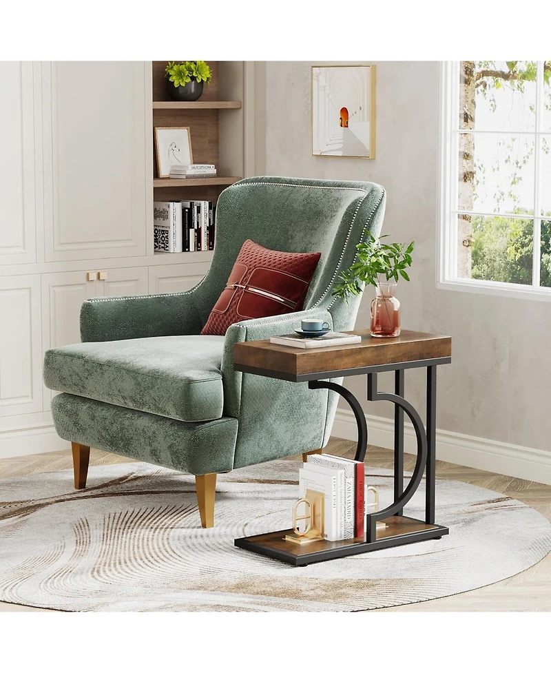 Tribesigns Narrow Side Table, C Shaped End Table Rustic Bedside Table Small Side Table for Couch