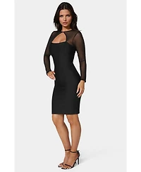 Bebe Women's Long Sleeve Mesh Peek a Boo Bandage Dress