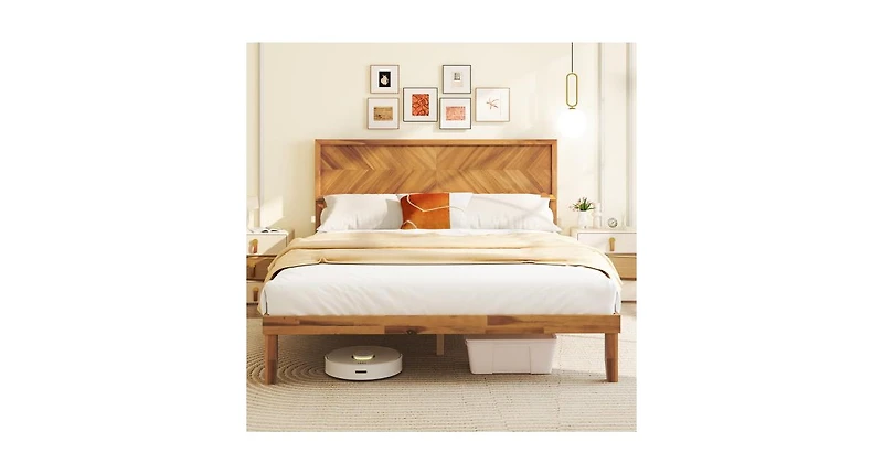 Bed Frame with Built-In Headboard and Storage Compartments