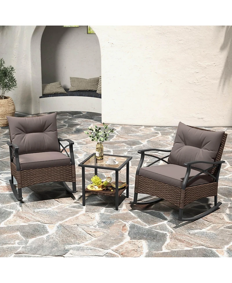 3 Pcs Patio Rocker Set with 2-Tier Coffee Table & Soft Seat Back Cushions Outdoor