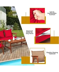 4 Pieces Acacia Wood Patio Rattan Furniture Set with Zippered Cushions