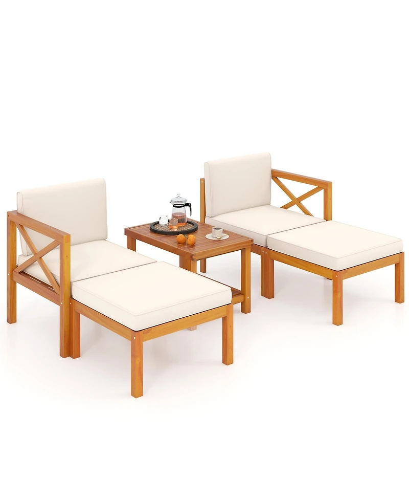 5 Pieces Acacia Wood Patio Lounge Chair Set with Ottomans and Cushions-White
