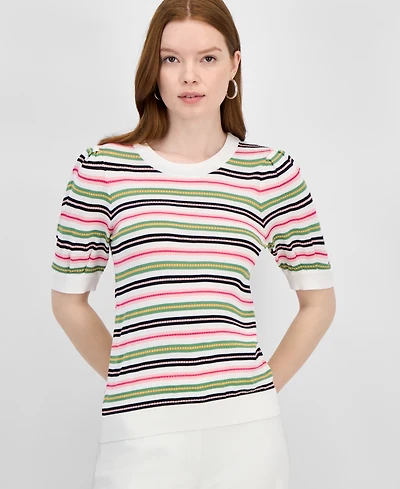 T Tahari Women's Striped Puff-Sleeve Sweater