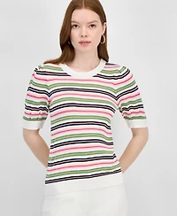 T Tahari Women's Striped Puff-Sleeve Sweater