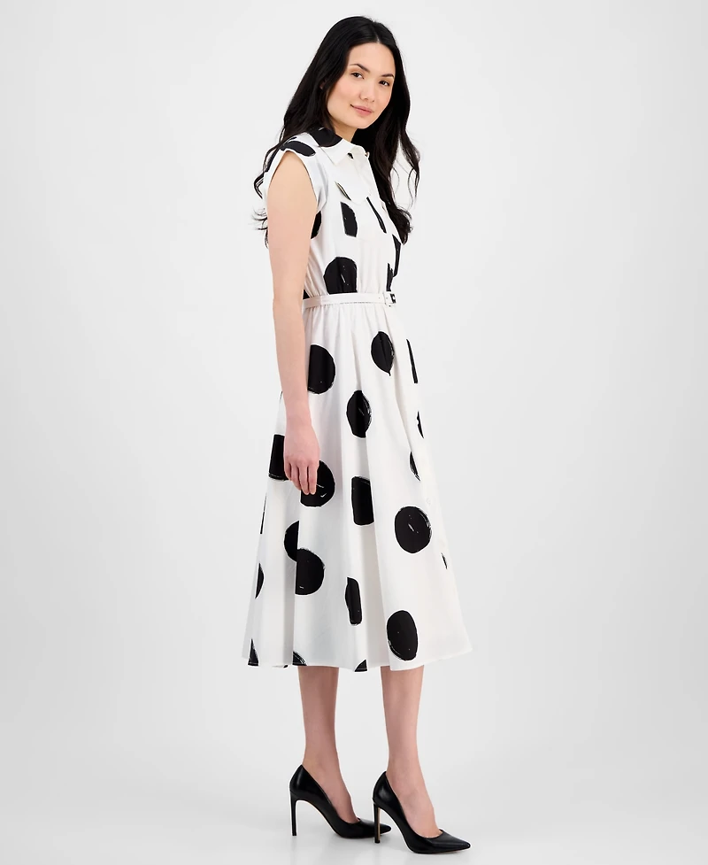 T Tahari Women's Dot-Print Belted Fit & Flare Dress