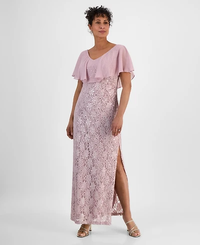 Connected Sequined Lace Chiffon Overlay Gown