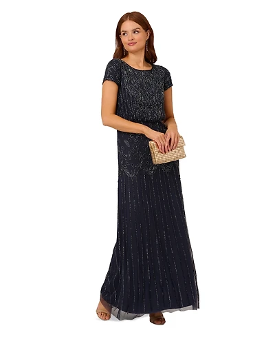 Adrianna Papell Women's Beaded Short-Sleeve Sheer-Overlay Gown