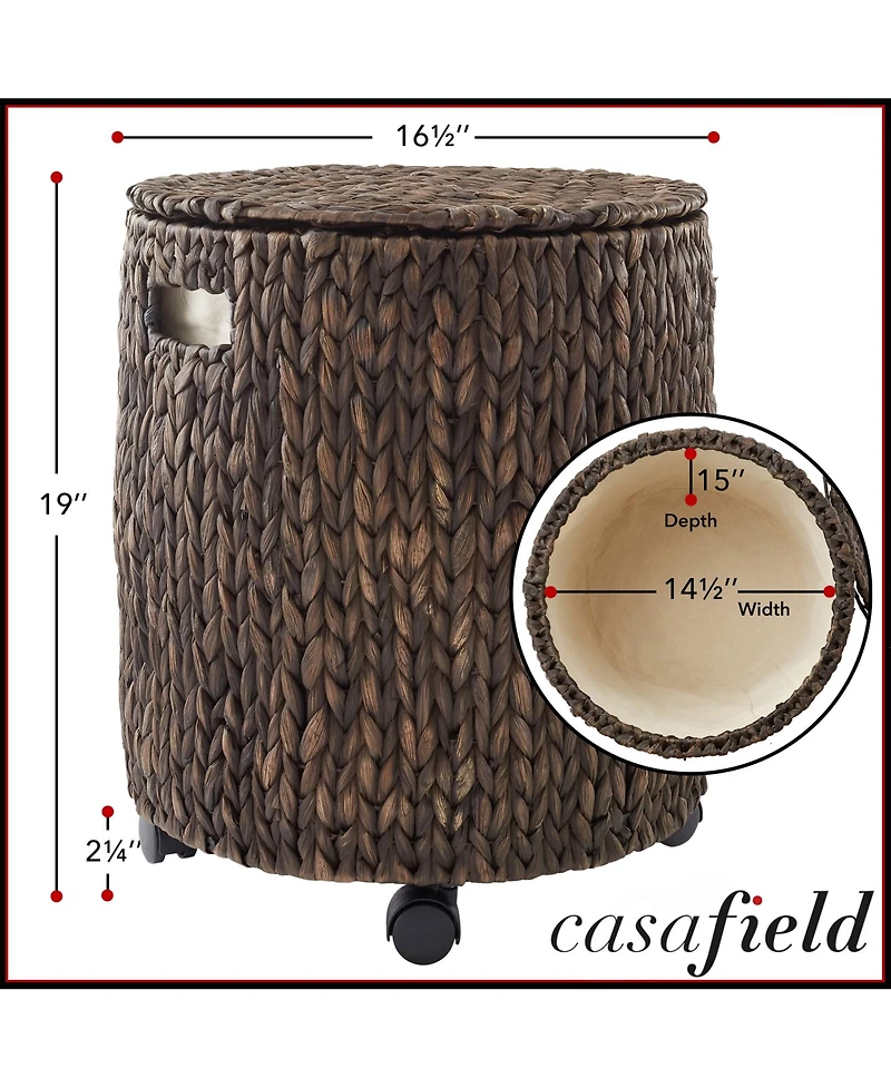 Casafield Rolling Storage Basket - Natural, Handwoven Hyacinth Hamper with Lid, Bin on Wheels for Living Room, Bathroom, Laundry
