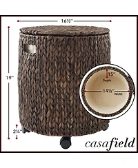 Casafield Rolling Storage Basket - Natural, Handwoven Hyacinth Hamper with Lid, Bin on Wheels for Living Room, Bathroom, Laundry