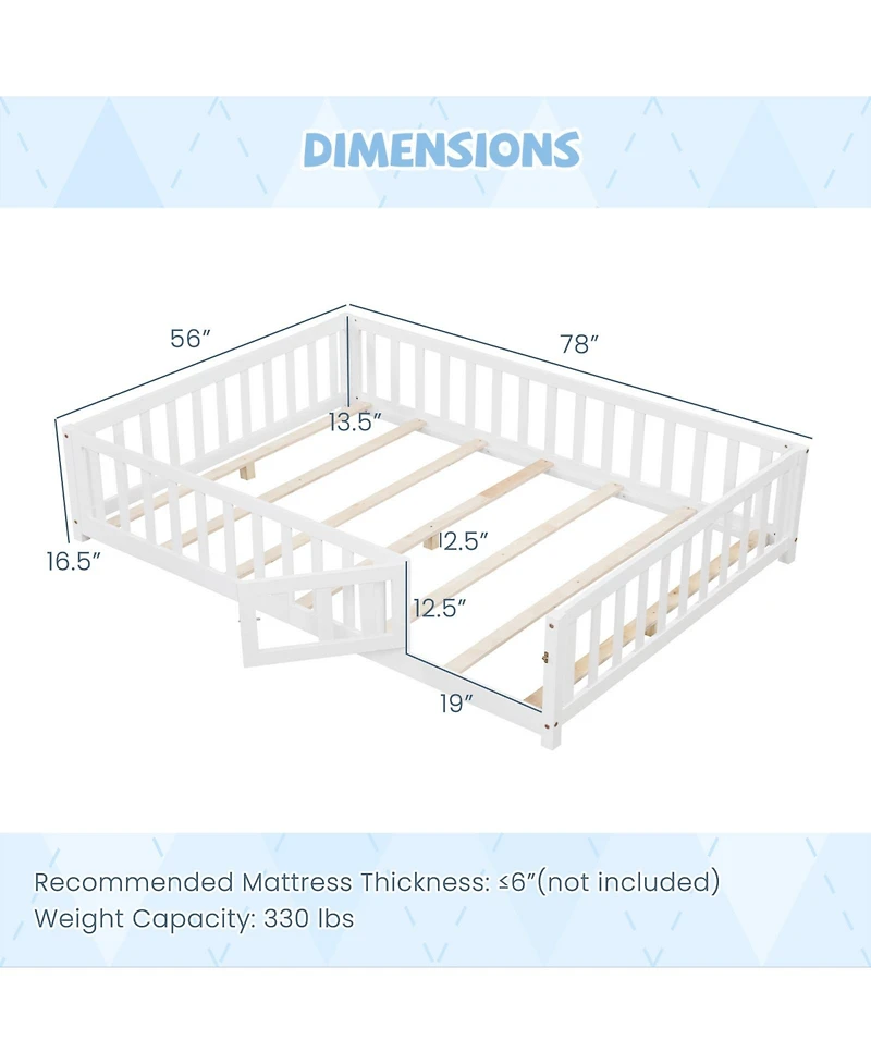 Montessori Bed Frame with Full-length Guardrails Safety Door and Latch