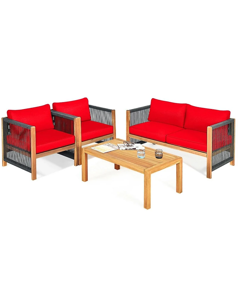 4 Pieces Acacia Wood Outdoor Patio Furniture Set with Cushions