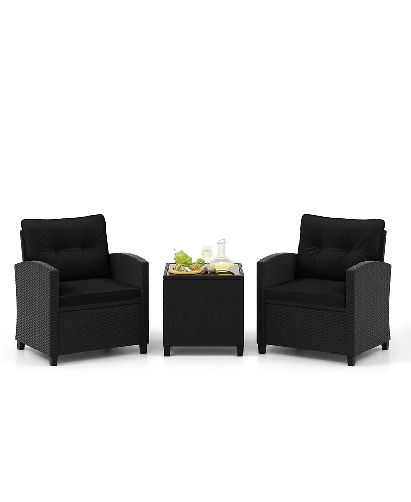 3 Pieces Patio Furniture Set with Tempered Glass Coffee Table