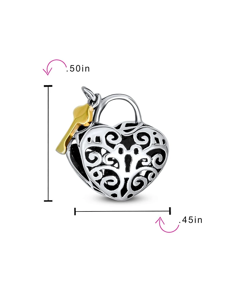 Bling Jewelry Two Tone Heart Filigree Lock & Key Charm Bead 14K Gold Plated Silver