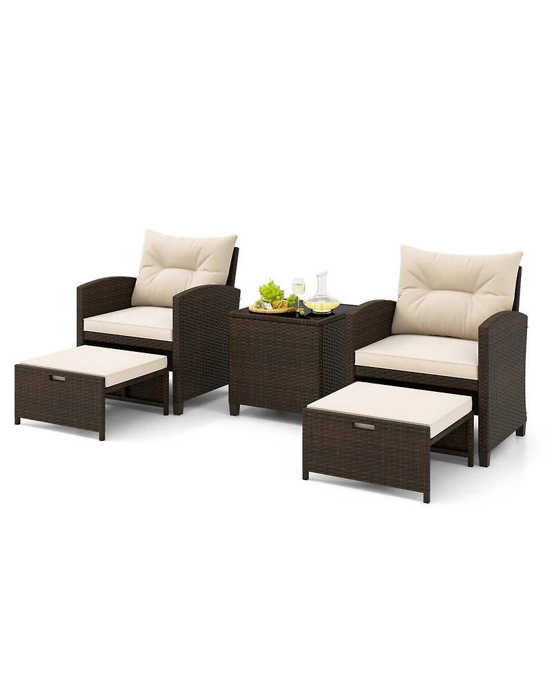 5 Pieces Patio Rattan Furniture with 2 Ottomans and Tempered Glass Coffee Table