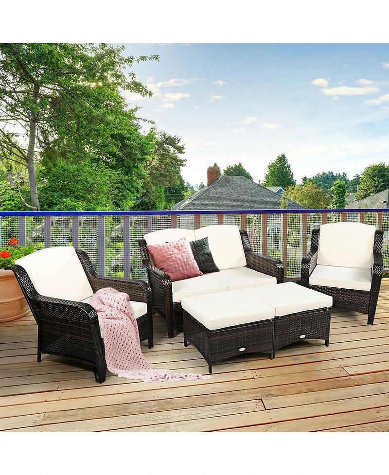 5 Pieces Patio Rattan Sofa Set with Cushion and Ottoman