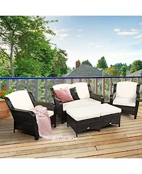 5 Pieces Patio Rattan Sofa Set with Cushion and Ottoman