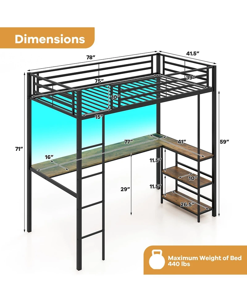 Loft Bed Raised Platform Bed with Desk and 2 Storage Shelves