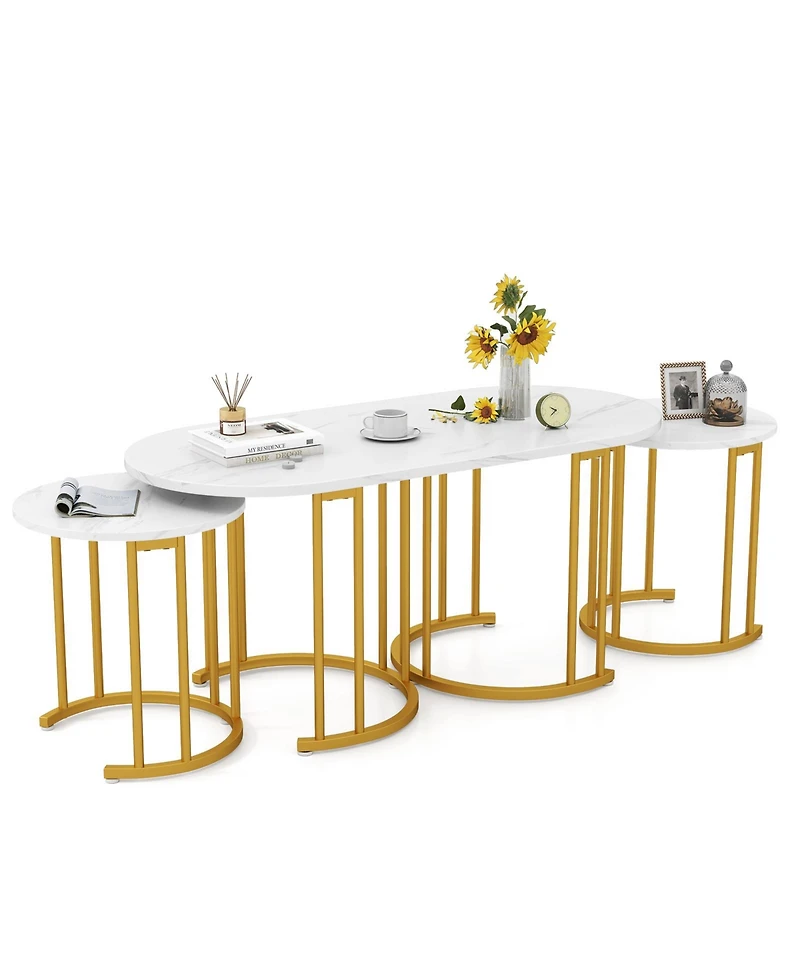 Nesting Coffee Table Set of 3 with Faux Marble Tabletop and Powder-coated Metal Frame