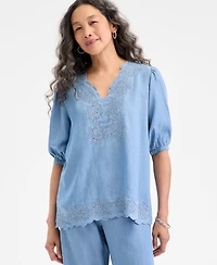 Style & Co Women's Chambray Embroidered Elbow-Sleeve Top, Exclusively at Macy's