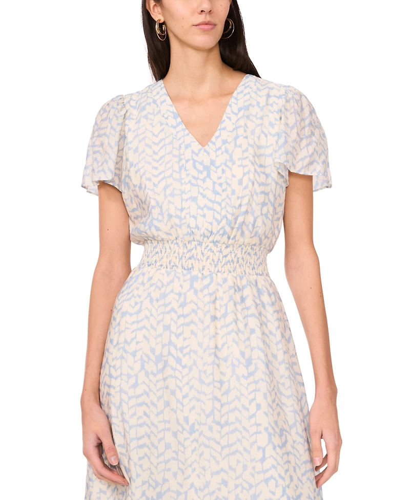 Vince Camuto Women's Printed V-Neck Smocked-Waist Midi Dress
