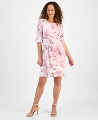 Connected Petite Floral 3/4-Sleeve Ruffle-Hem Dress