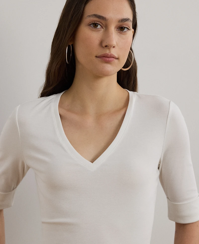 Lauren Ralph Petite Stretch Cotton Elbow-Sleeve V-Neck Tee