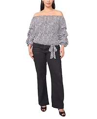 Vince Camuto Plus Size Printed Off-The-Shoulder Bubble 3/4-Sleeve Tie-Front Blouse