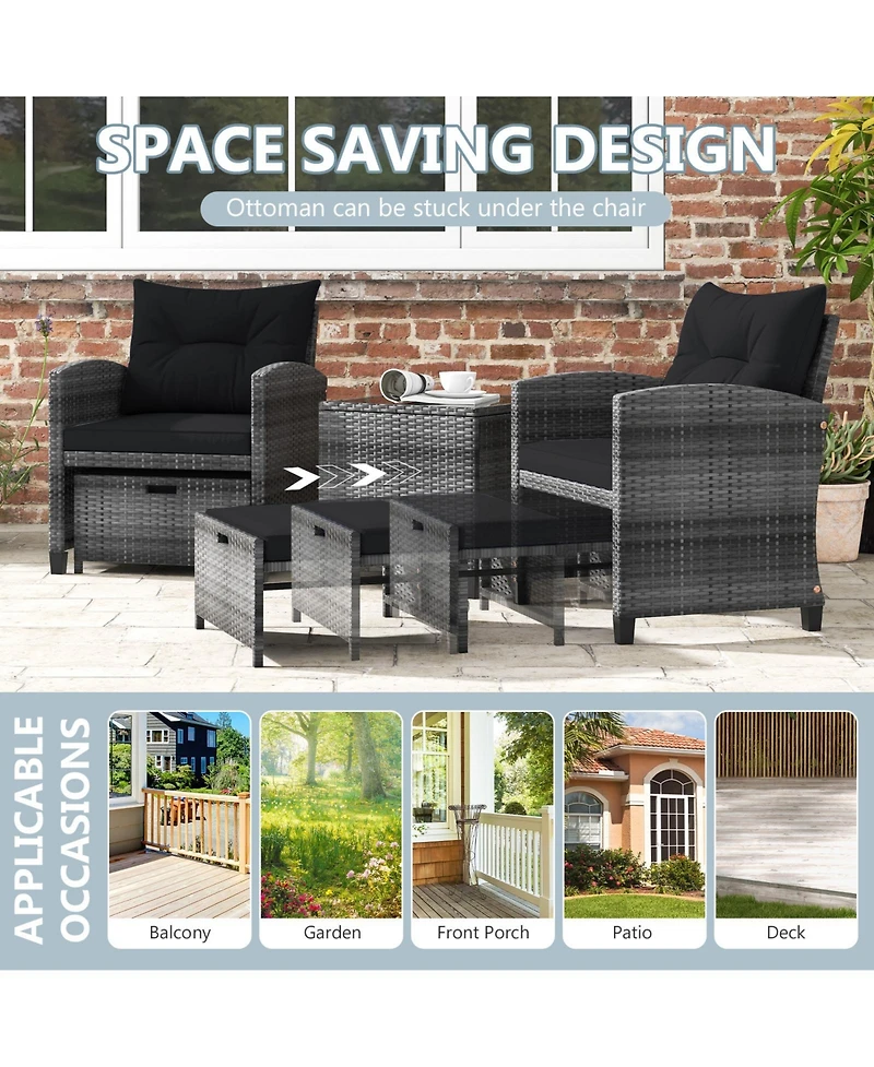 5-Piece Outdoor Rattan Furniture Set with 2 Ottomans and Glass Coffee Table