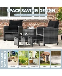 5-Piece Outdoor Rattan Furniture Set with 2 Ottomans and Glass Coffee Table