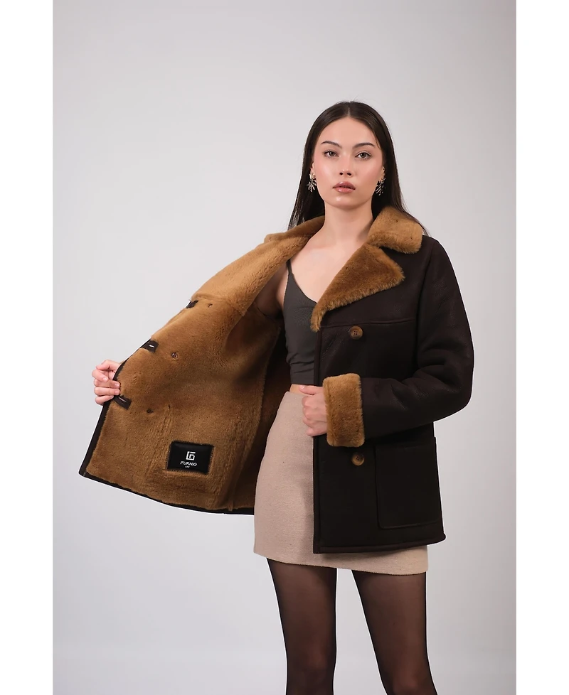 Furniq Uk Women's Leather Sheepskin Coat, Brown, Created for Macy's