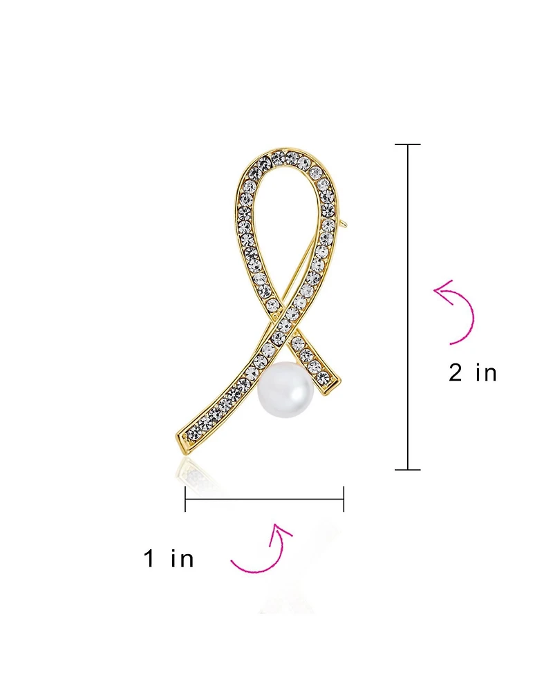 Bling Jewelry White Pearl Crystal Pave Pink Ribbon Breast Cancer Brooch Pin