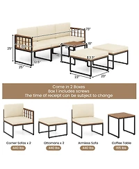 6 Pieces Acacia Wood Patio Furniture Set with Coffee Table and Ottomans