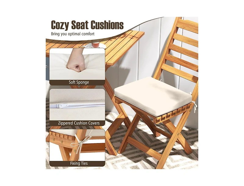 Folding Chair Table Set with Soft Seat Cushions and Table-White