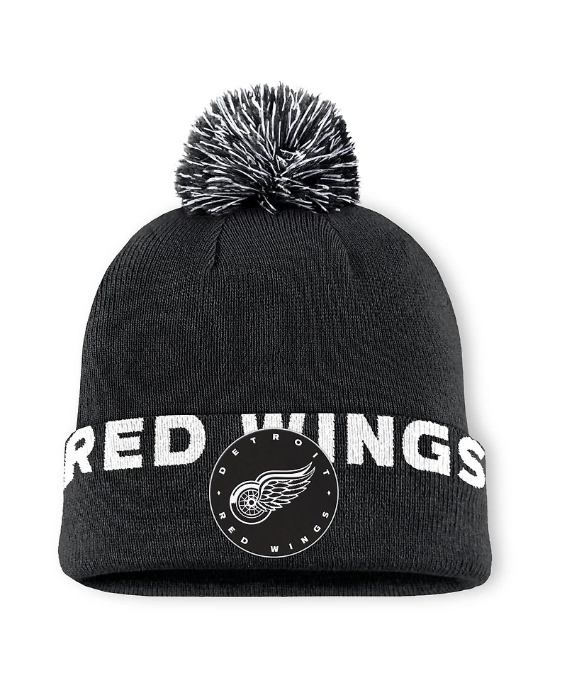 Fanatics Men's Black Detroit Red Wings Fundamental High Stick Cuffed Knit Hat with Pom