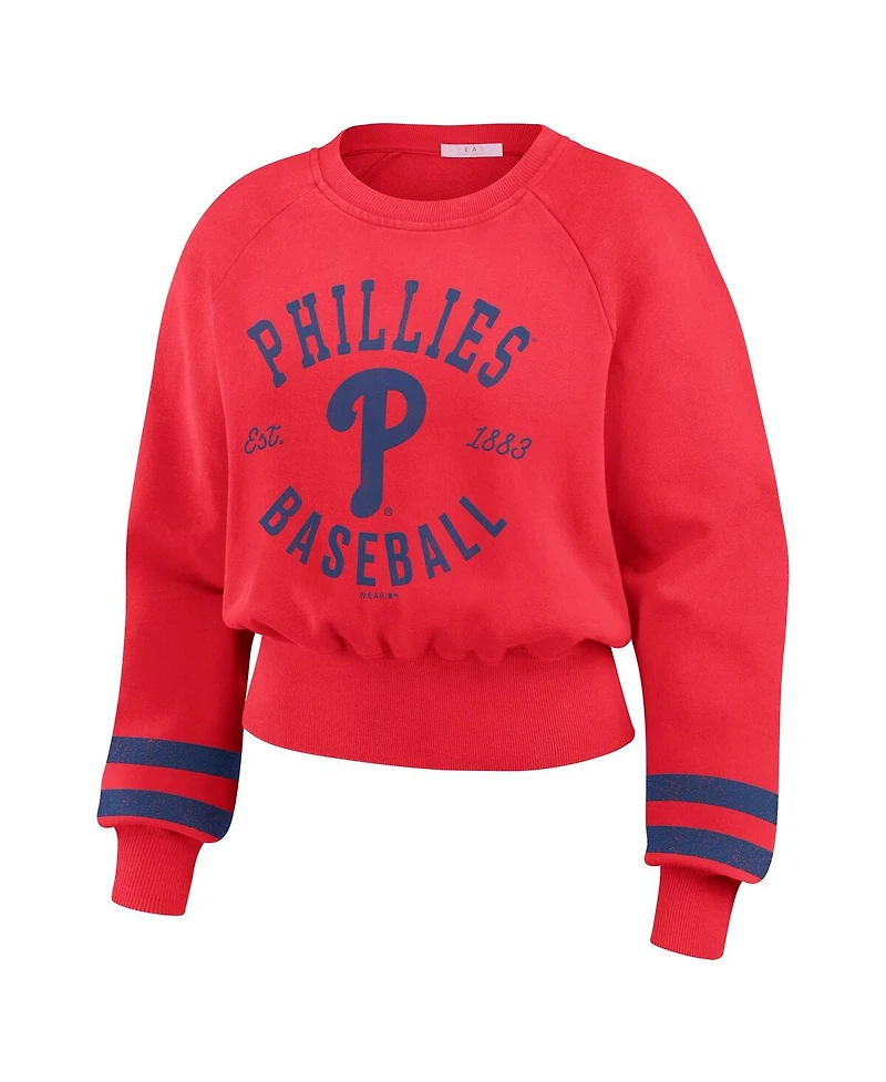 Wear by Erin Andrews Women's Red Philadelphia Phillies Vintage Washed Cropped Pullover Sweatshirt