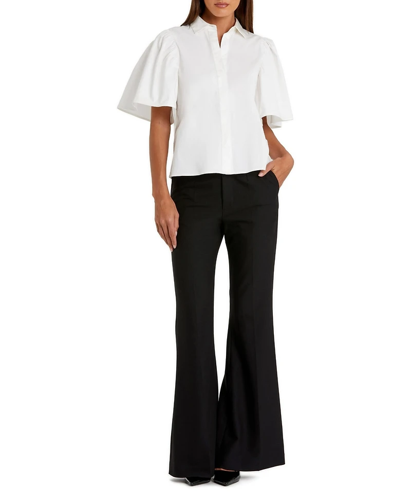 Mac Duggal Women's Stretch Cotton Flare Ruffle Sleeve Button Up Top