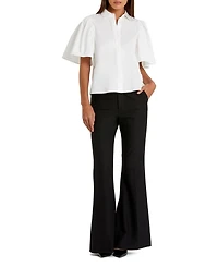 Mac Duggal Women's Stretch Cotton Flare Ruffle Sleeve Button Up Top