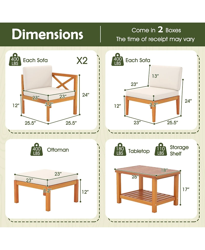 Gymax 5 Pcs Acacia Wood Patio Furniture Set w/ 2-Tier Coffee Table and Cushions