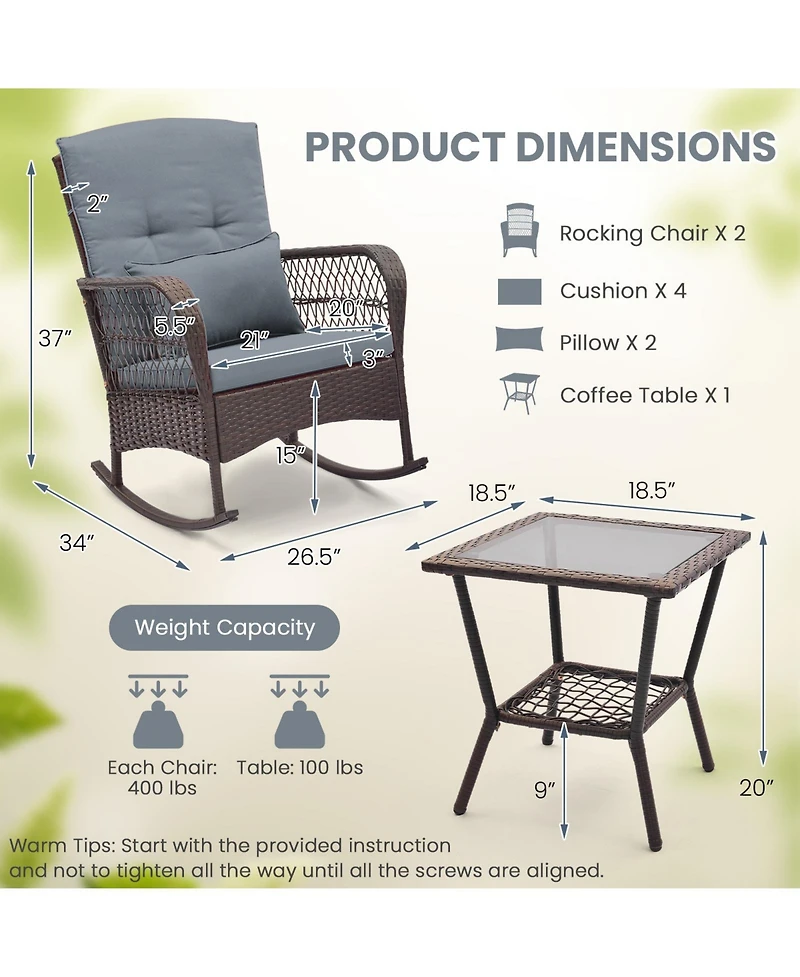 3 Pieces Rocking Bistro Set with 2-Tier Coffee Table