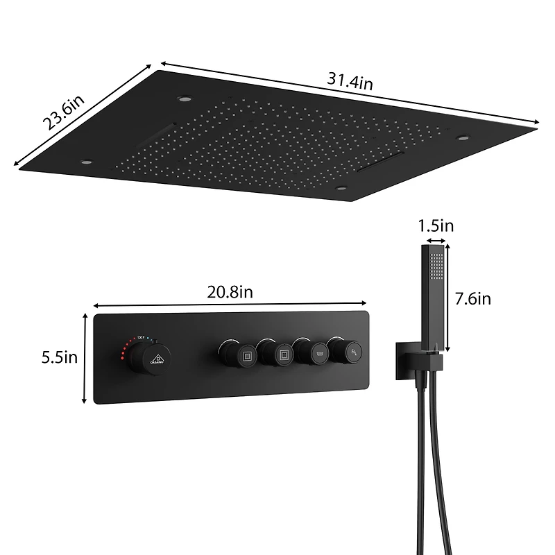 23 Inch Thermostatic Rainfall Shower System with Handheld Sprayer Rainfall Ceiling Shower Head with Led Lights Matte Black Wall Mounted Shower System