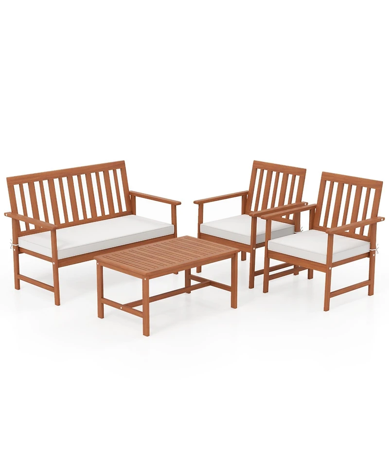 4 Pieces Acacia Wood Furniture Set with Seat Cushions and Robust Wood Frame-White