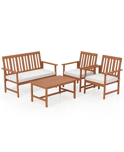 4 Pieces Acacia Wood Furniture Set with Seat Cushions and Robust Wood Frame-White