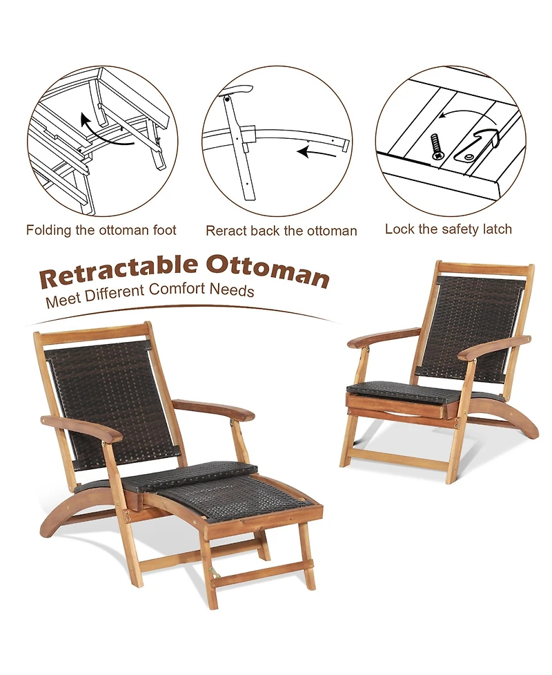 4PCS Patio Rattan Folding Lounge Chair Table Acacia Wood withRetractable Footrest