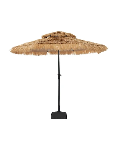 9 ft. Outdoor Double Layer Hawaiian Style Market Umbrella in Brown with Base and 32-Light Beads