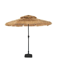 9 ft. Outdoor Double Layer Hawaiian Style Market Umbrella in Brown with Base and 32-Light Beads