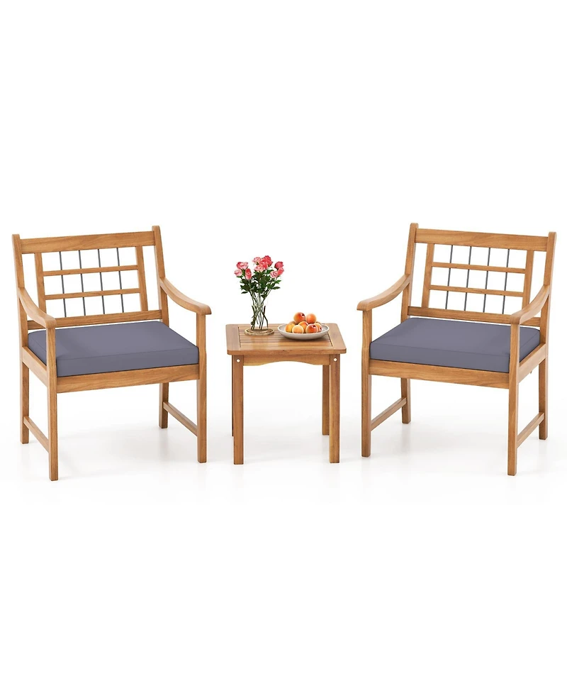 3 Piece Wood Patio Furniture Set with Seat Cushions and Acacia Frame