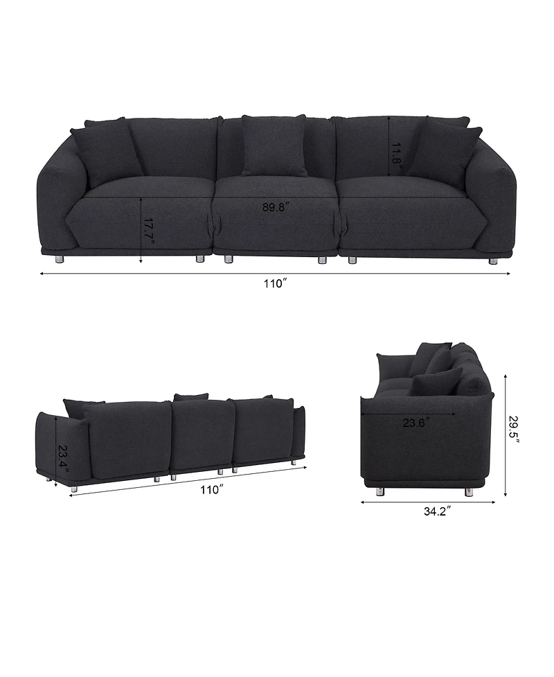 Originality Shapes Black Lambswool Sherpa 4 Seater Sofa With Metal Legs, Solid Wood Frame Couch with 3 Pillows