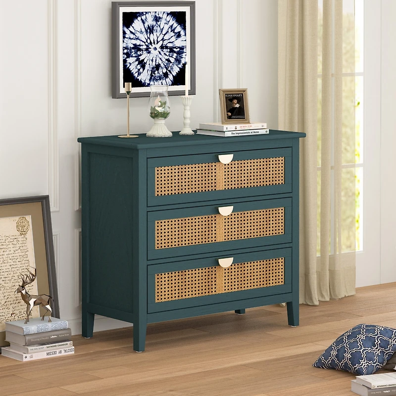 3 Drawer Storage Cabinet Rattan Dressers Chest of Drawers Entryway Cabinet Bedside Table Dresser for Bedroom Living Room