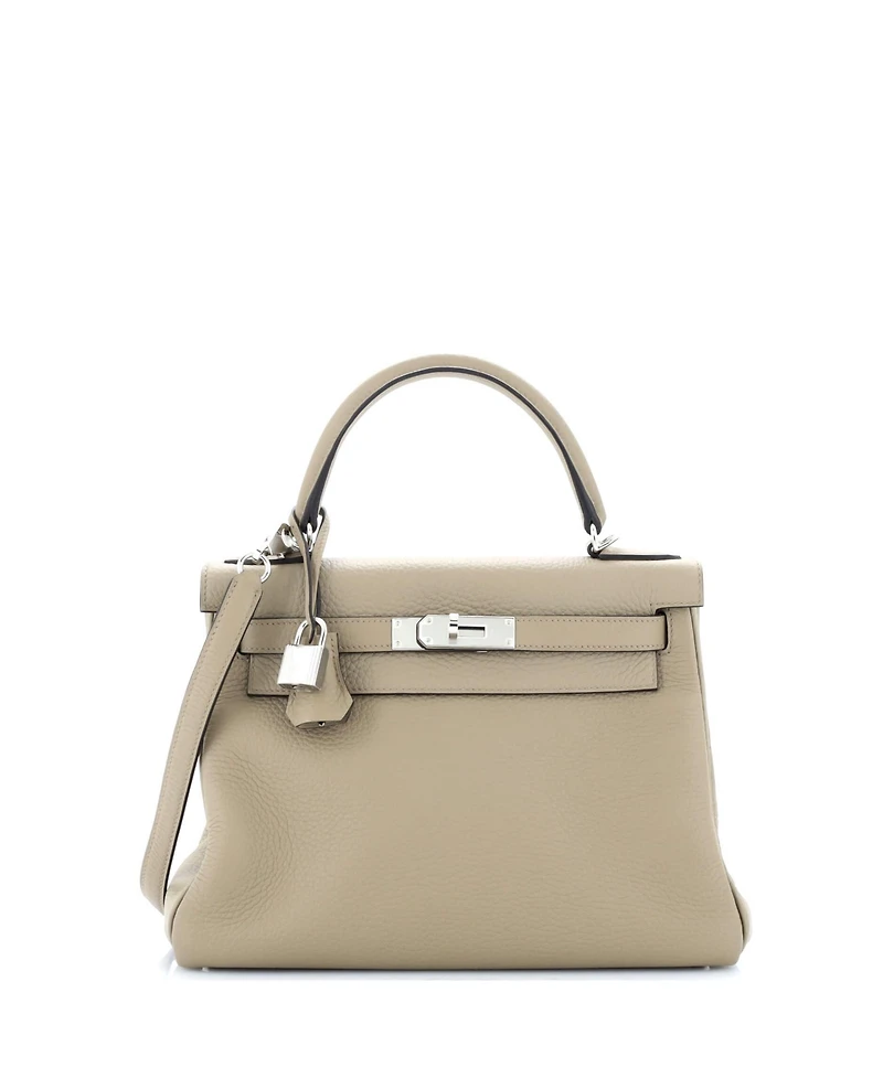 Pre-Owned HERMES Kelly 28 Handbag Brown Clemence with Palladium Hardware